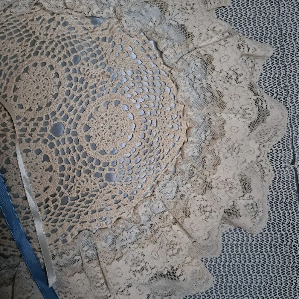 Vtg Boudoir Pillow Satin Doily Lace Ribbon Handmade Granny Core Blue Ivory 80s